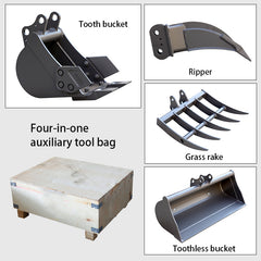 8" Toothed, 32" Toothless Bucket, Rake, Ripper 4-in-1 Kit for 1-1.8 Ton Mini Excavators | HUAYEE